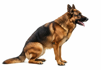 German Shepherd Seating Portrait with Detailed Fur on Isolated White Background