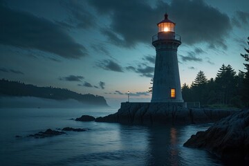 Obraz premium Haunting Lighthouse Illuminates Spooky Halloween Twilight at Eerie Bay