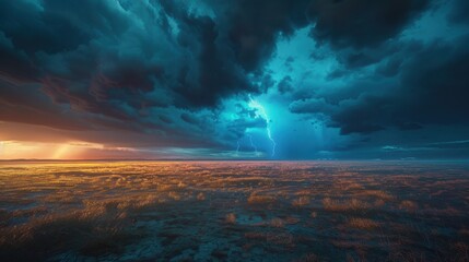 Obraz premium Thunderstorm showcases an abstract power. Lightning and rain fill the dark, stormy sky.