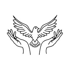 Obraz premium Flying dove with two hands. Bird symbol of peace and freedom in simple linear style Hand drawn line art flat vector illustration.