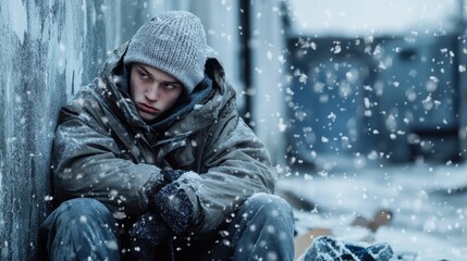 A young man, dressed in a heavy coat and knit hat, sits against a wall, looking lost in thought. His posture is hunched, and he appears despondent, emphasizing a sense of solitude and struggle.