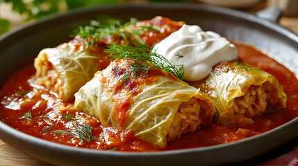 Hungarian Stuffed Cabbage Rolls with Pork and Rice in Tomato Sauce Garnished with Sour Cream and Dill