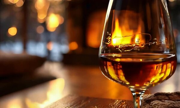 Cozy and Inviting Brandy Snifter Catching the Warm Glow of Fireplace