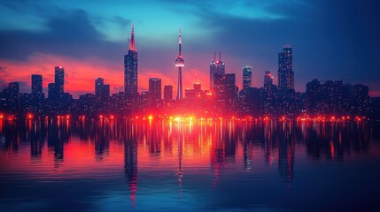 Fototapeta premium Vibrant city skyline reflected in calm water at sunset.