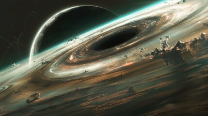 Abstract black hole with a glowing event horizon Abstract space with a black hole and dark matter