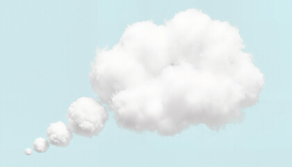 Fluffy white thought bubble cloud against soft blue background, symbolism of imagination