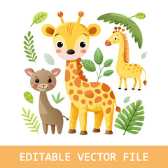 Naklejka premium Watercolor safari animals, Cute animal clipart Bundle, Lion, Elephant, Hippo, Giraffe, Baby Shower, Digital Download