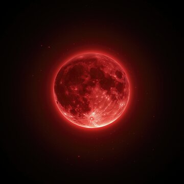 Blood red full moon glowing in dark night sky, eerie lunar eclipse background, mystical crimson moon with detailed craters and surface texture
