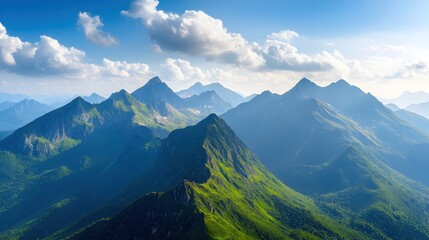 Fototapeta premium Serene Mountain Range Under Bright Blue Sky with Fluffy Clouds