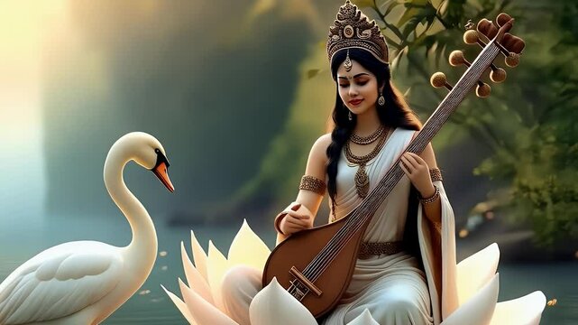 A graceful illustration of Goddess Saraswati, seated on a white lotus, holding a veena, symbolizing knowledge, music, and art. Her swan stands nearby, representing wisdom, 