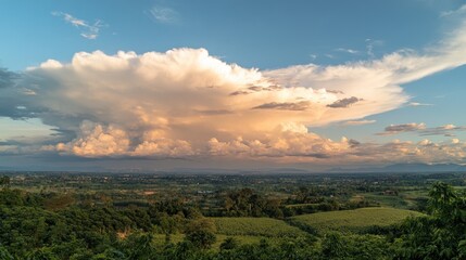 Expansive panorama of a lush landscape under a dramatic sky at twilight