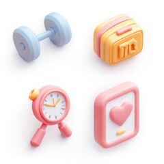 Fitness and wellbeing icons, 3D style.  Bright, pastel-colored illustrations representing exercise, nutrition, and health tracking