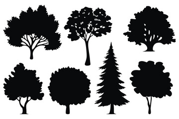 Tree plan line silhouettes set isolated flat vector illustration on white background.