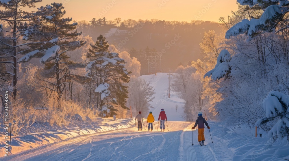 Poster groups of hikers traverse a snowy pathway lined with frosted trees, with a warm sunset painting the 