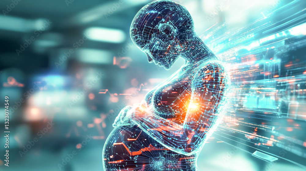 Poster a digital artistic interpretation showcases a pregnant figure with glowing lines, symbolizing the co