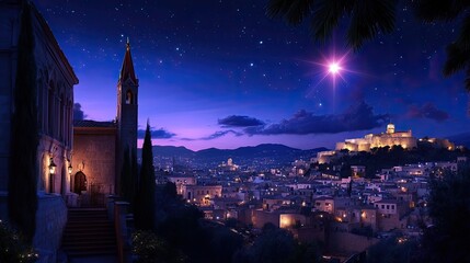 Fototapeta premium Serene Night Scene of a Historic Town Under a Starry Sky