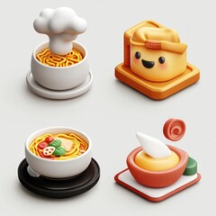Cute 3D food icons.  Nostalgic, colorful, and stylized depictions of various noodle dishes, from a light, playful perspective.  