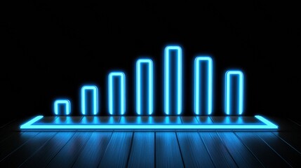 Abstract Neon Blue Bar Graph on Dark Wooden Floor