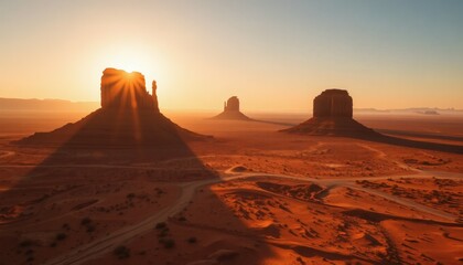 Naklejka premium Monument Valley Desert at Sunset with Dramatic Light and Rock Formations