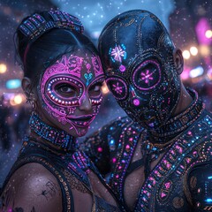 Futuristic Cyberpunk Carnaval de Oruro: Neon Dancers in Holographic Cityscape with Andean Symbols and High-Tech Masks