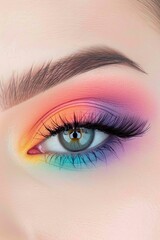 Bright purple mascara and eyeliner accentuate the eyes, complemented by a colorful eyeshadow palette. This playful makeup look creates a vivid, eye-catching effect