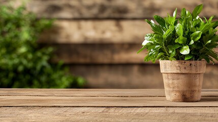 Obraz premium Bright Green Potted Plant on Rustic Wooden Table in Natural Setting