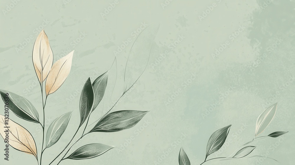 Aufkleber Elegant botanical line art with soft green background and subtle leaf textures showcasing modern eco-friendly design principles