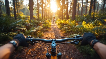 Naklejka premium Mountain biking trail through sunlit forest.