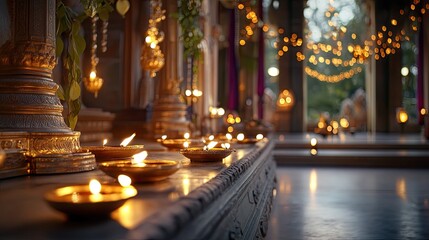 Peaceful Evening with Oil Lamps in Traditional Indian Temple