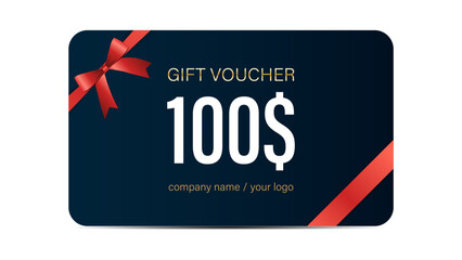 Luxurious $100 to $1000 Gift Card Voucher Design with Elegant Gold and Red Ribbon, Premium Discount Coupon, Stylish Template for Shopping, Rewards, Special Offers, and Holiday Promotions.