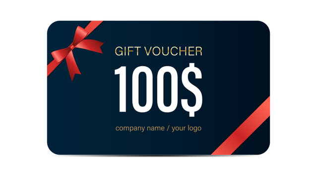 Luxurious $100 to $1000 Gift Card Voucher Design with Elegant Gold and Red Ribbon, Premium Discount Coupon, Stylish Template for Shopping, Rewards, Special Offers, and Holiday Promotions.
