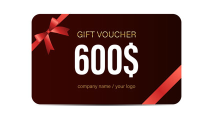 Luxurious $100 to $1000 Gift Card Voucher Design with Elegant Gold and Red Ribbon, Premium Discount Coupon, Stylish Template for Shopping, Rewards, Special Offers, and Holiday Promotions.