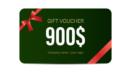 Luxurious $100 to $1000 Gift Card Voucher Design with Elegant Gold and Red Ribbon, Premium Discount Coupon, Stylish Template for Shopping, Rewards, Special Offers, and Holiday Promotions.