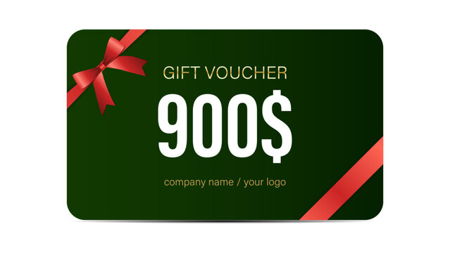 Luxurious $100 to $1000 Gift Card Voucher Design with Elegant Gold and Red Ribbon, Premium Discount Coupon, Stylish Template for Shopping, Rewards, Special Offers, and Holiday Promotions.