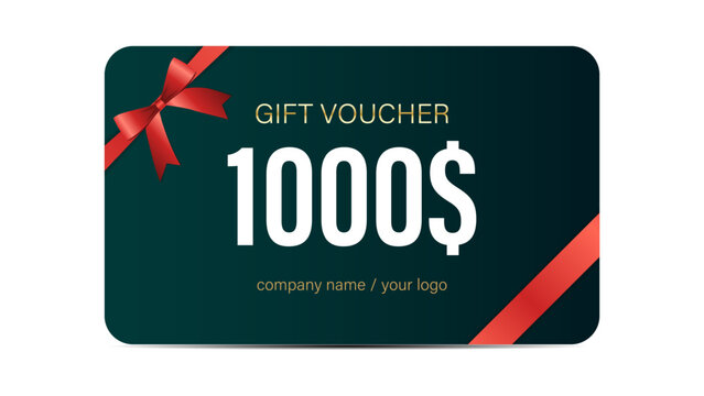 Luxurious $100 to $1000 Gift Card Voucher Design with Elegant Gold and Red Ribbon, Premium Discount Coupon, Stylish Template for Shopping, Rewards, Special Offers, and Holiday Promotions.