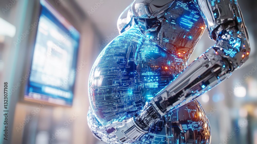 Poster a futuristic display showcases a robotic figure with a visibly pregnant abdomen that highlights adva