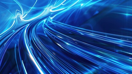 Striking blue technology-themed dynamic abstract lines form the main visual background design, creating an energetic and modern atmosphere. The fluid and vibrant lines give a sense of motion and innov