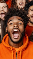 A diverse group of artists celebrating a grand art competition victory, their faces filled with joy and excitement