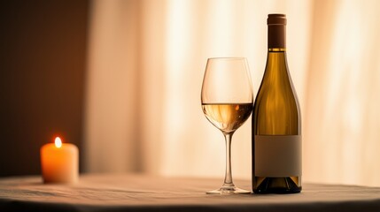 Cinematic still-life of a wine bottle and glass with candlelight, reflections