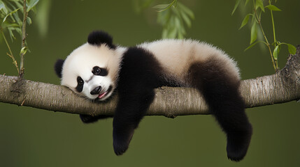 A fluffy panda cub rests on a tree branch, nestled in the tranquil forest, with soft natural lighting and a spacious background, providing ideal copy space for messaging or graphic overlays