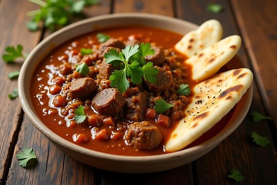 Hot and sweet beef roast / meat curry and Kerala paratha / parotta flatbread made of Maida / whole wheat flour Delhi India. Popular North Indian side dish for chapati, fried rice, roti, paratha, naan.