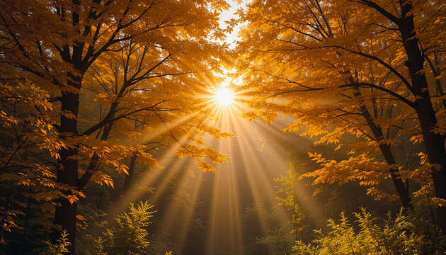 Golden Sanctuary: Autumn's Fiery Canopy Embraces Divine Sunrays as Sacred Light Cascades Through Amber Maple Cathedral, Transforming Forest into Ethereal Realm of Celestial Warmth