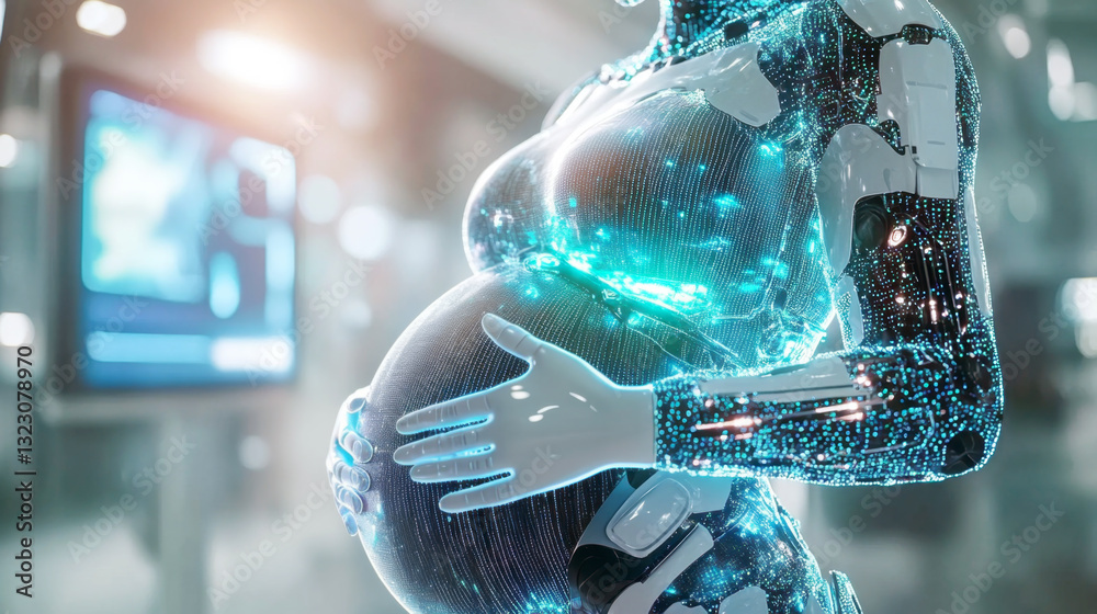 Poster a robotic figure, illuminated with vibrant lights, cradles an artificial pregnant belly. the environ