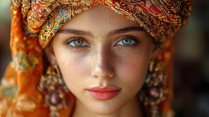 Close-up portrait of a freckled woman in a vibrant turban.