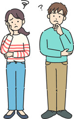考えている若い男女の全身イラスト
