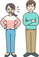 怒っている若い男女の全身イラスト
