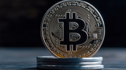 Close Up of Gold Bitcoin and Stack of Silver Coins on Dark Background