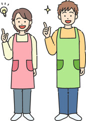 何かを閃いた、エプロンをしている若い男女の全身イラスト
