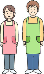 Fototapeta premium エプロンをしている若い男女の全身イラスト 