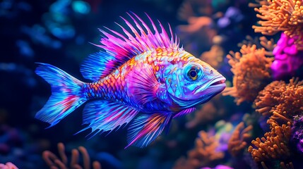 Fototapeta premium Colorful exotic fish swimming near vibrant coral reef in a stunning underwater marine ecosystem